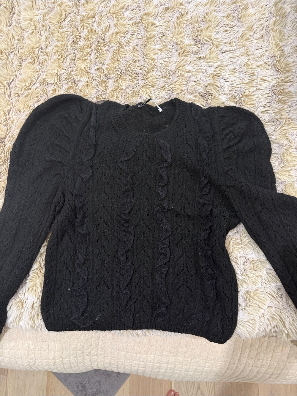 Zara Black Ruffle Cable Knit Sweater with Puff Sleeves